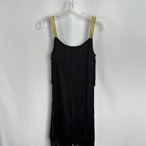 1920s Flapper Fringe Dress Black Gold Straps Gatsby Costume Party Size S/M